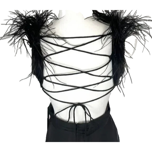NWT Mac Duggal PLUNGE NECK OSTRICH FEATHER LACE OPEN BACK GOWN BLACK SZ 4 - Picture 4 of 7